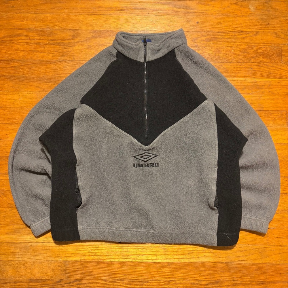 Vintage Umbro Fleece Pullover Quarter Zip Grey Black Colorblock Mens Large